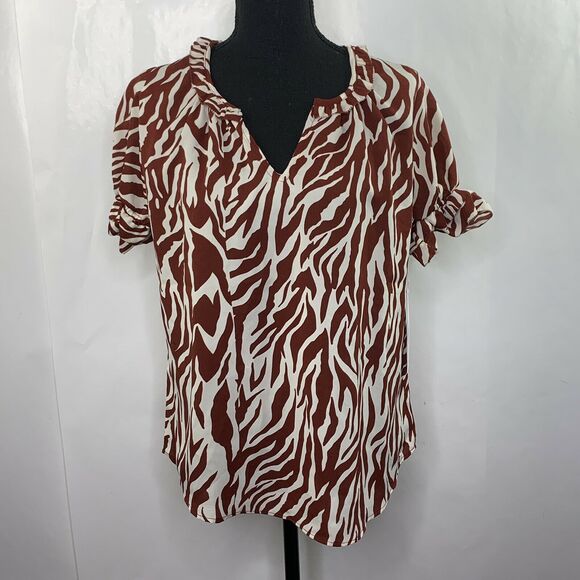 Bishop And Young Corey Ruffle Sleeve Cognac Zebra Blouse NWT Size S - Picture 2 of 7